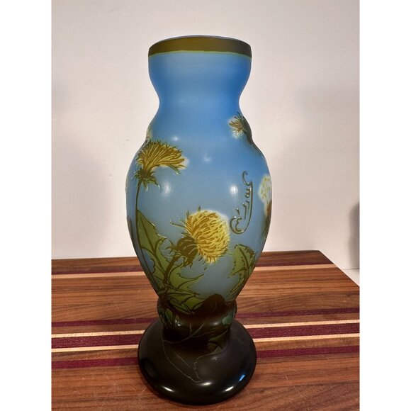 Antique Style Blue & Green Glass Vase With Dandelion Design 10" Tall Handcrafted - Picture 1 of 9
